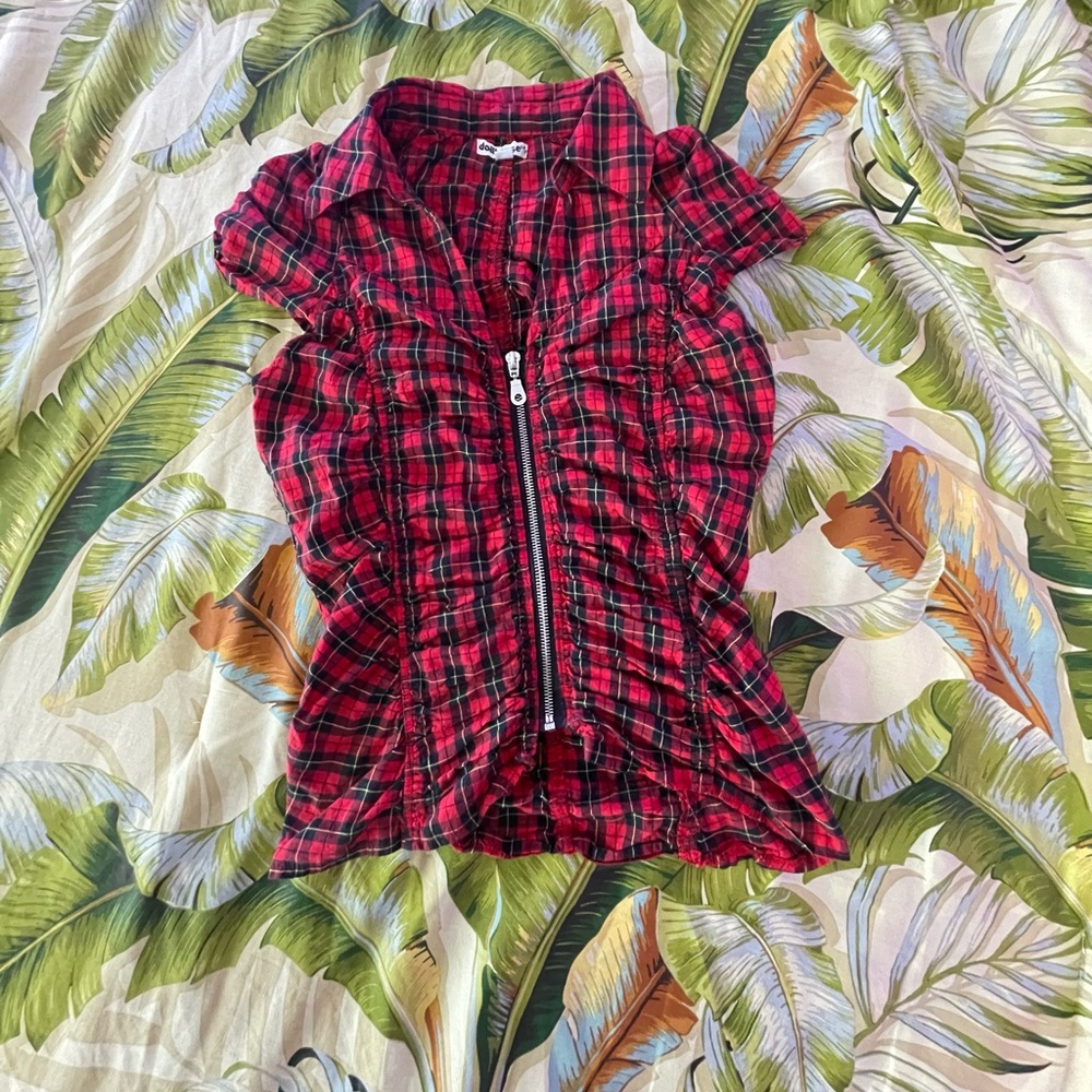 Dollhouse Red and Black Plaid Zip-Front Short Sleeve Blouse